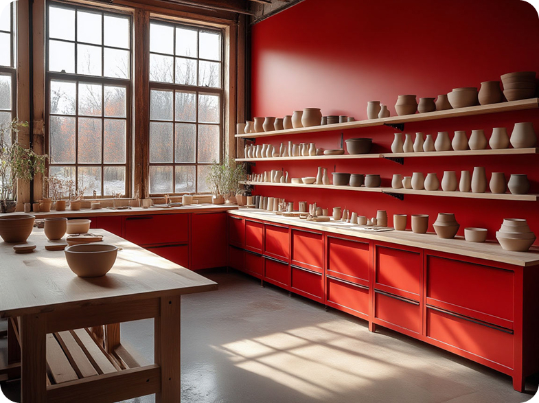 Гончарная комната с изделиями.